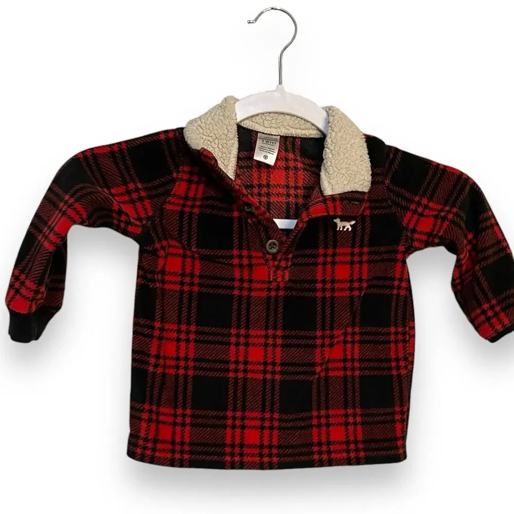Carter's Henley Fleece Sweater Baby Boy 18 Month Plaid Academia Winter Holiday